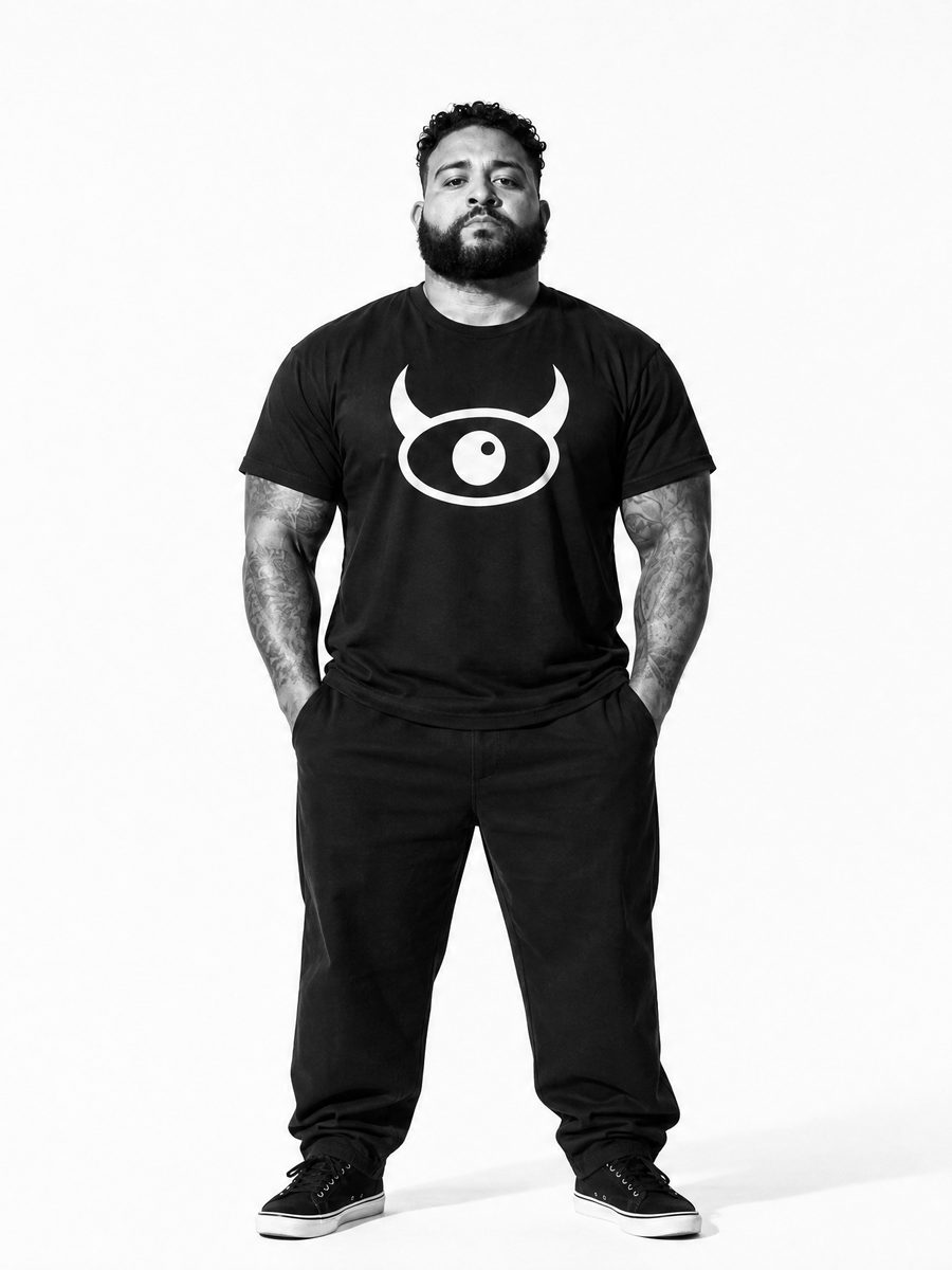 Model in the black tee, horns forward
