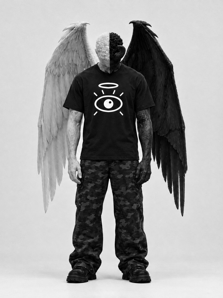 Model in the black tee, halo forward