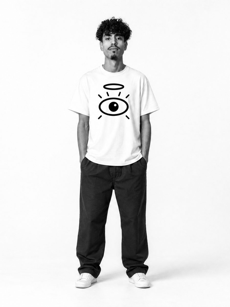 Model in the white tee, halo forward
