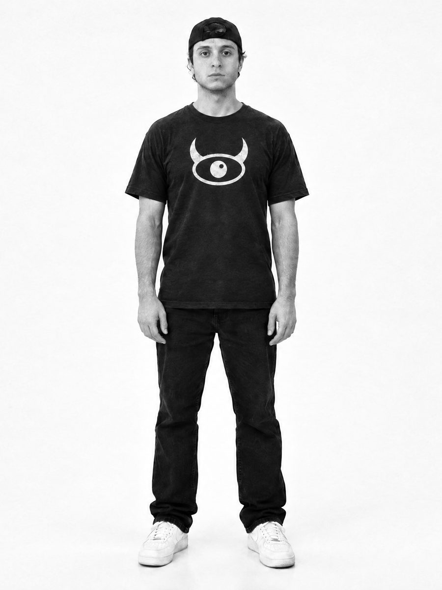 Model in the black tee, horns forward