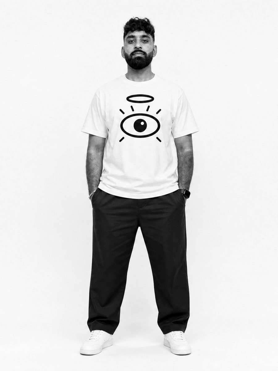 Model in the white tee, halo forward