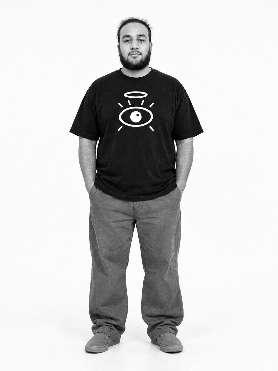 Model in the black tee, halo forward