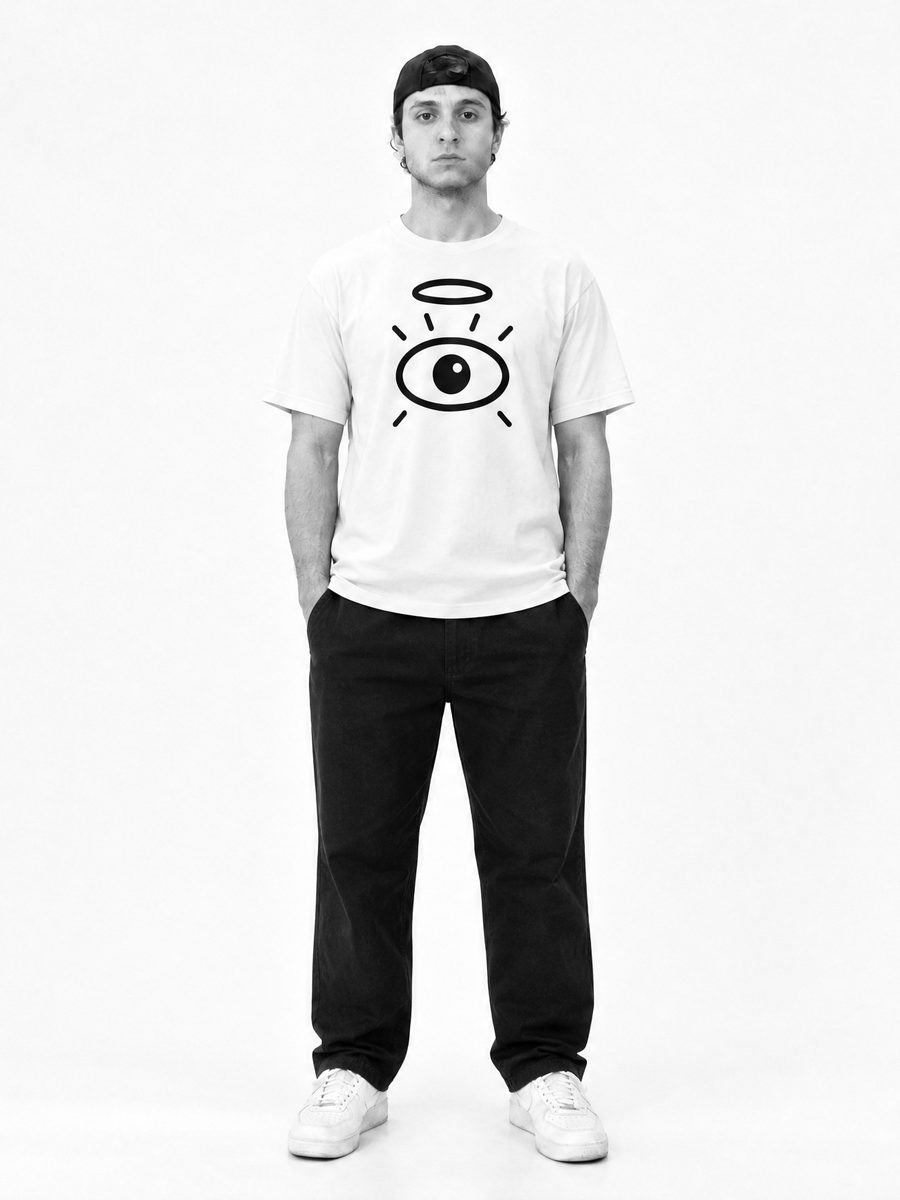 Model in the white tee, halo forward