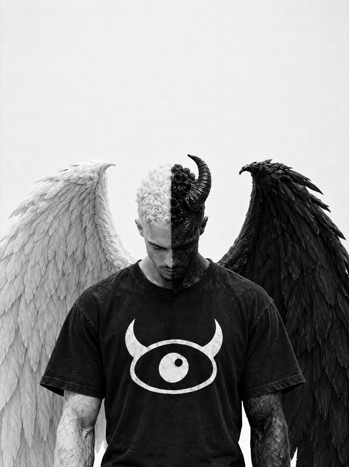 Close-up of the half-angel, half-demon character in the horns tee