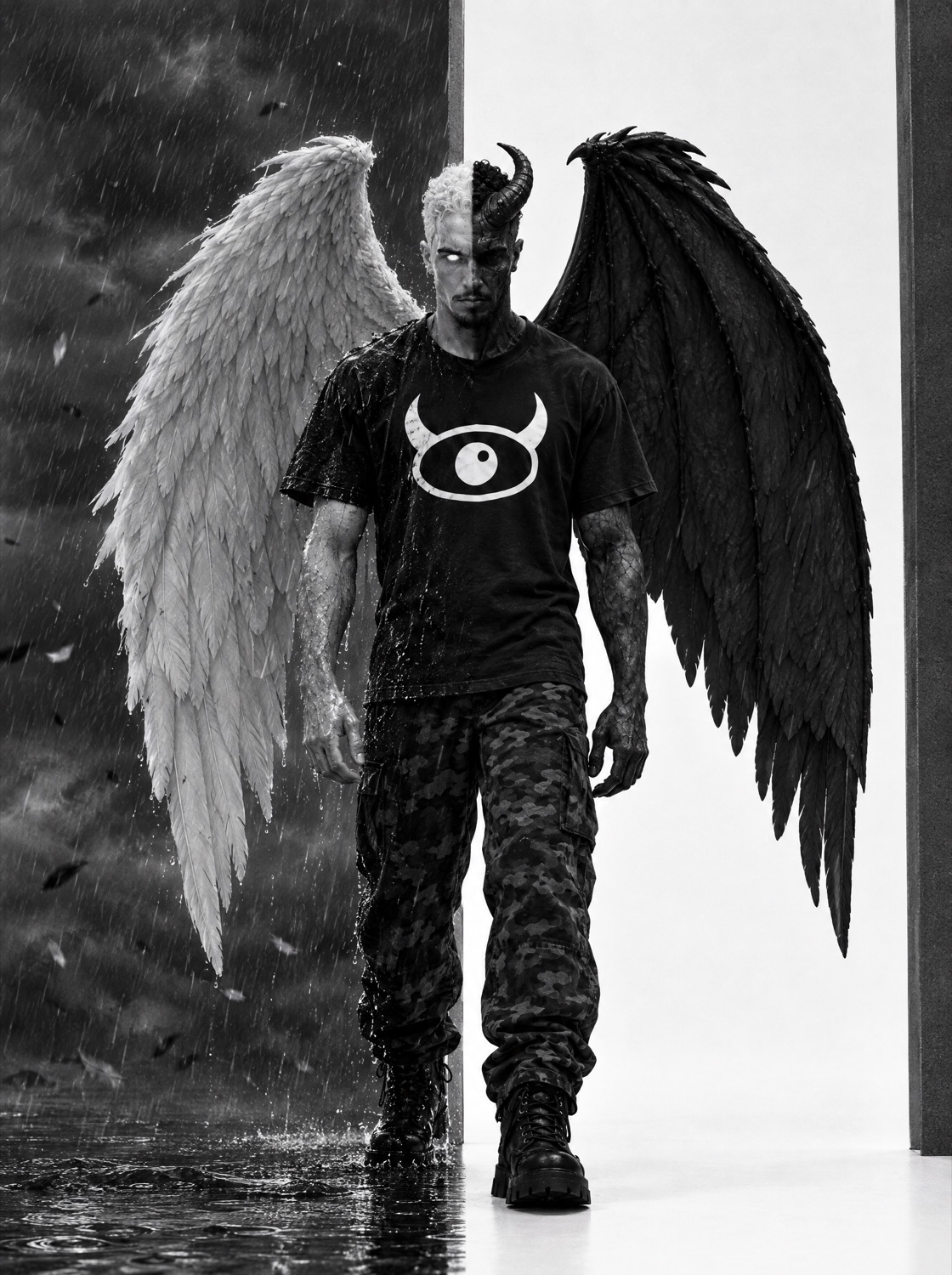 Half angel, half demon in the horns tee, walking out of the rain into the white room
