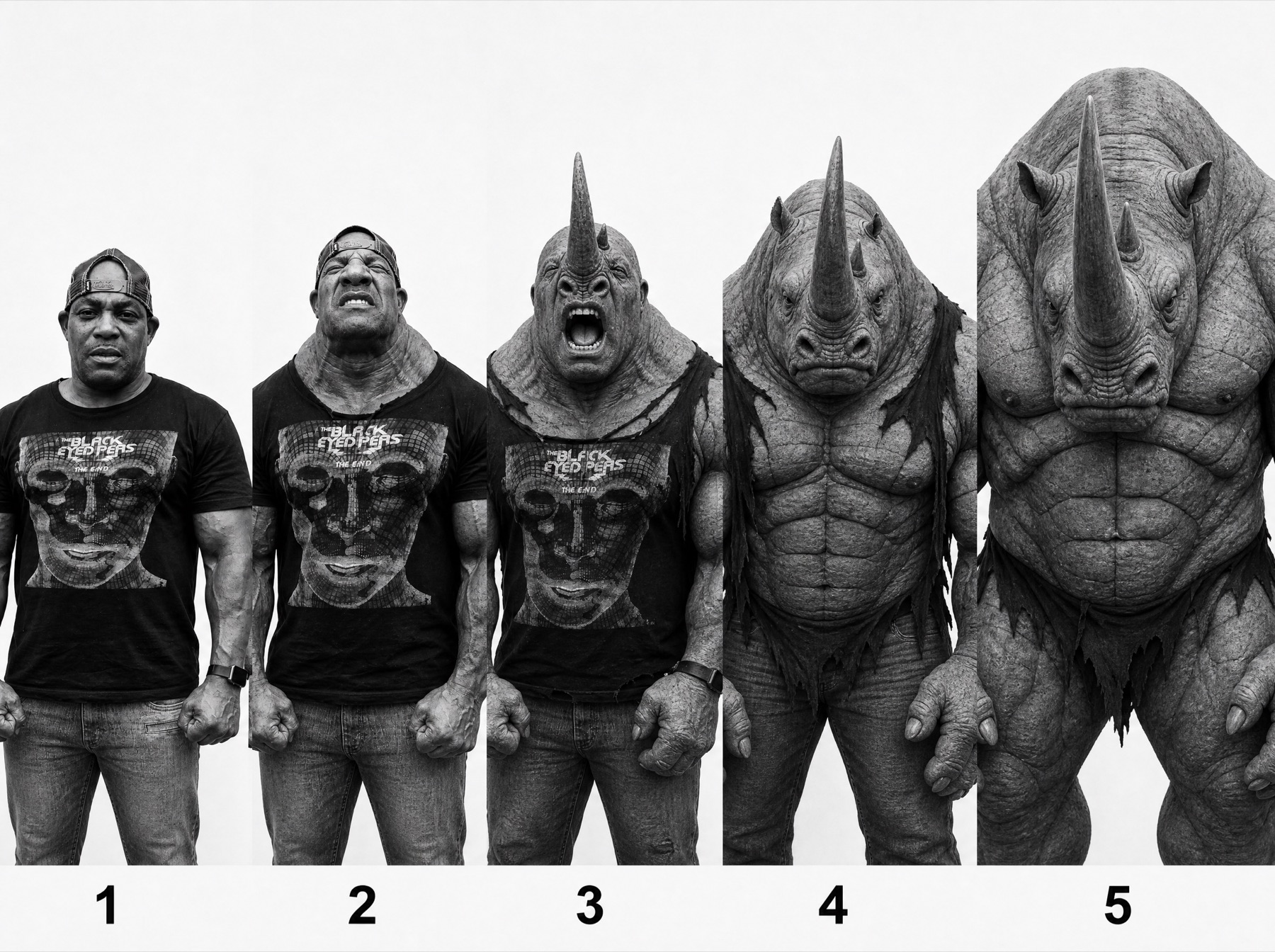 Five stages of a man turning into a rhino