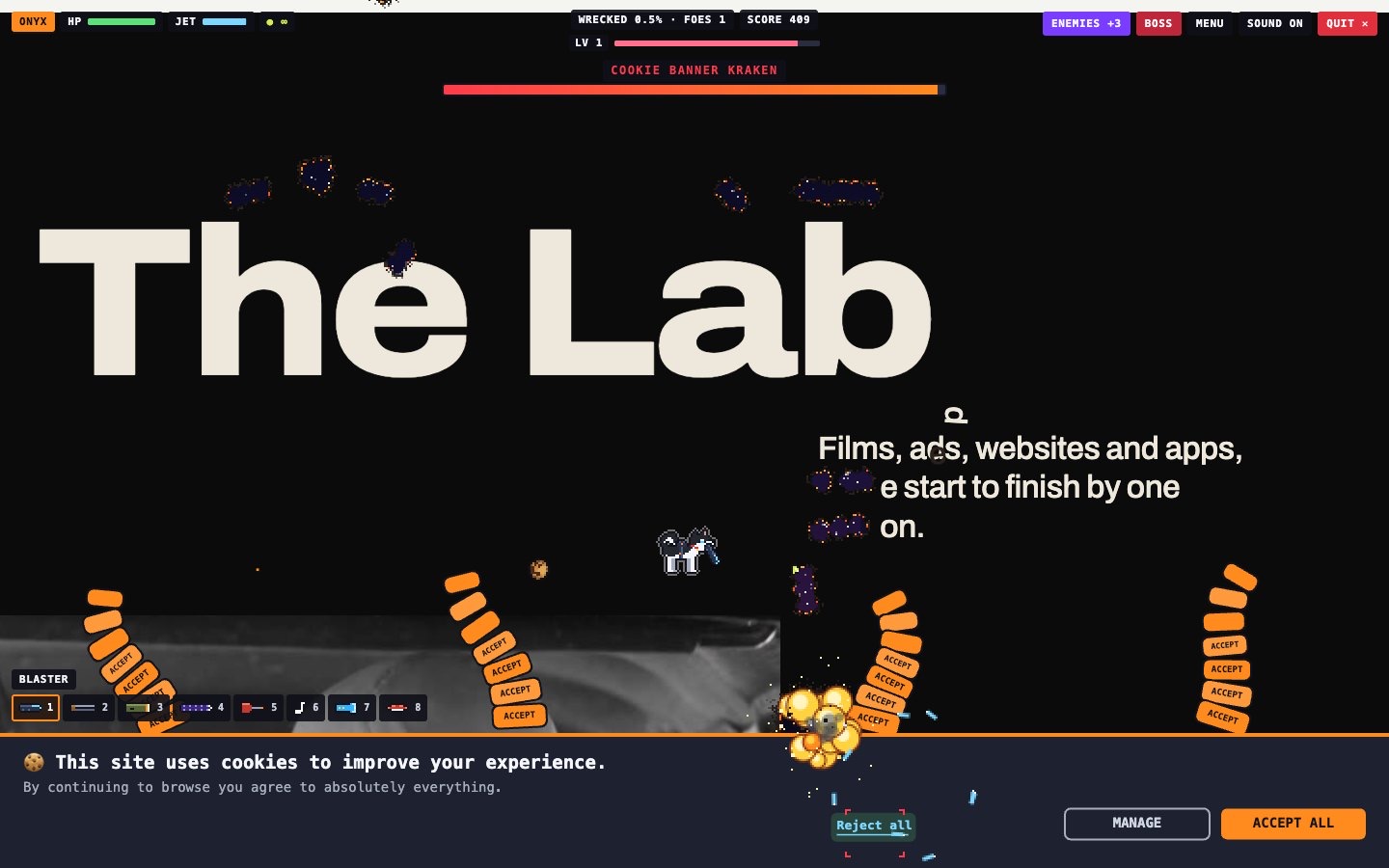 Onyx, a pixel husky with a jetpack, fighting the Cookie Banner Kraken on this website