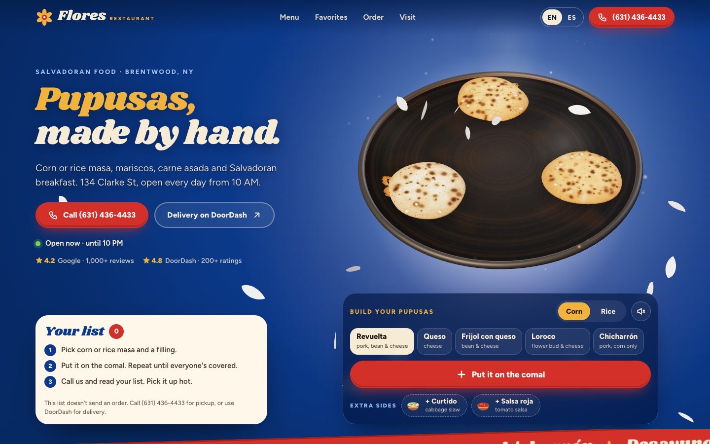 The Flores Restaurant website with the 3D comal