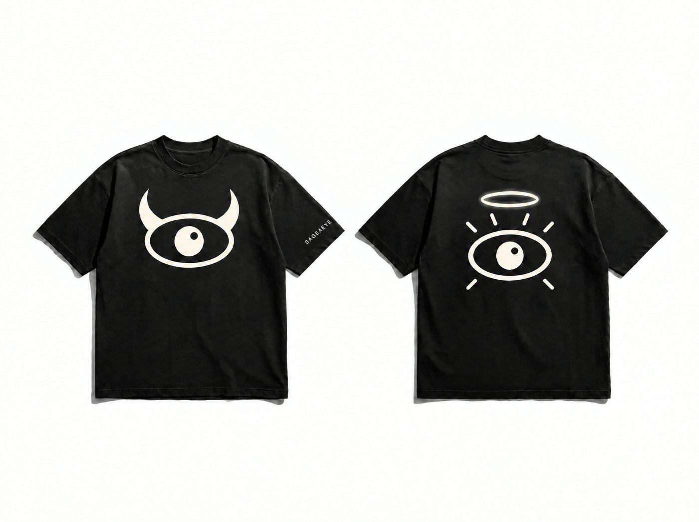 Black tee, horned eye on the front, halo eye on the back