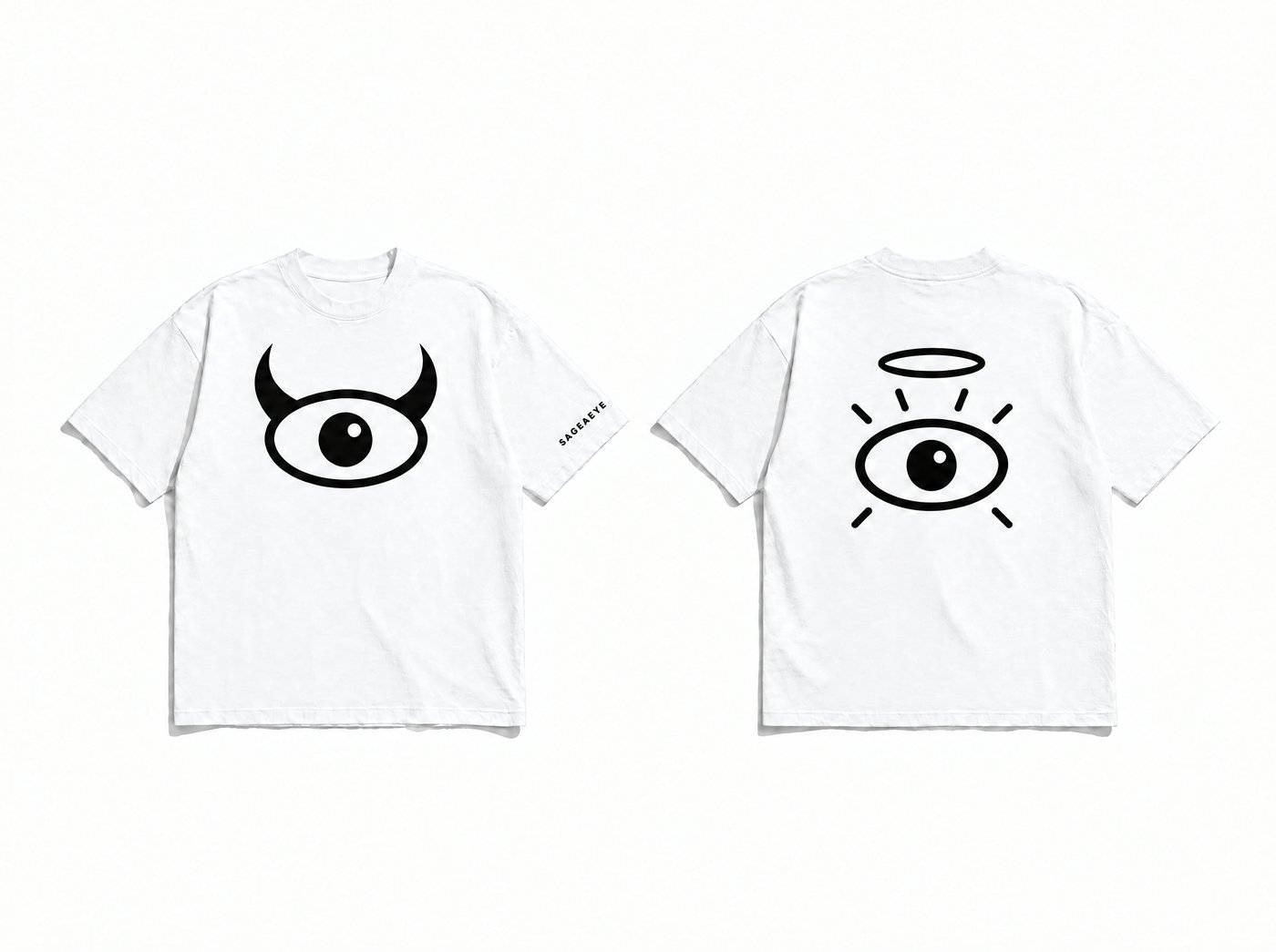 White tee, horned eye on the front, halo eye on the back