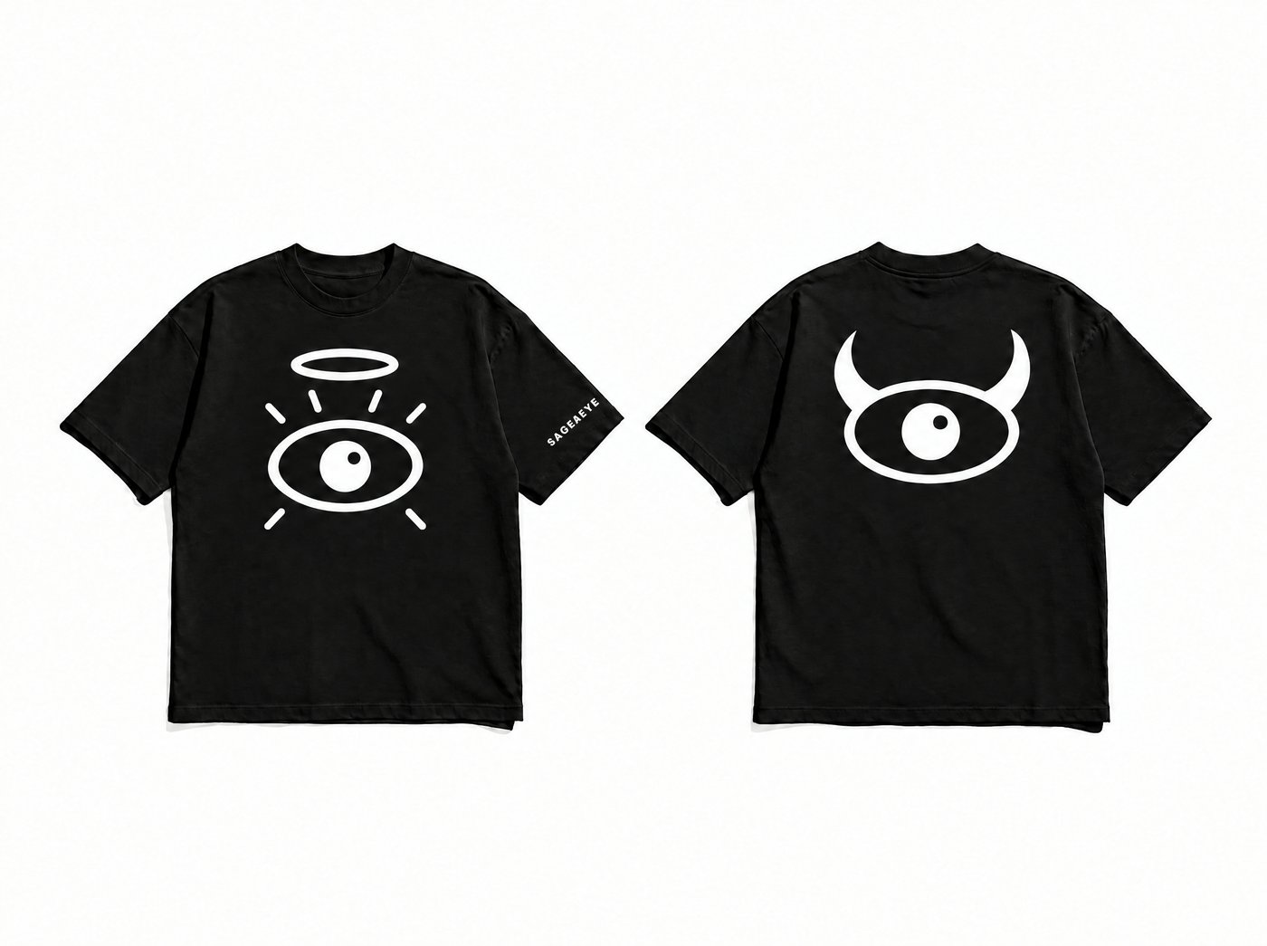 Black tee, halo eye on the front, horned eye on the back