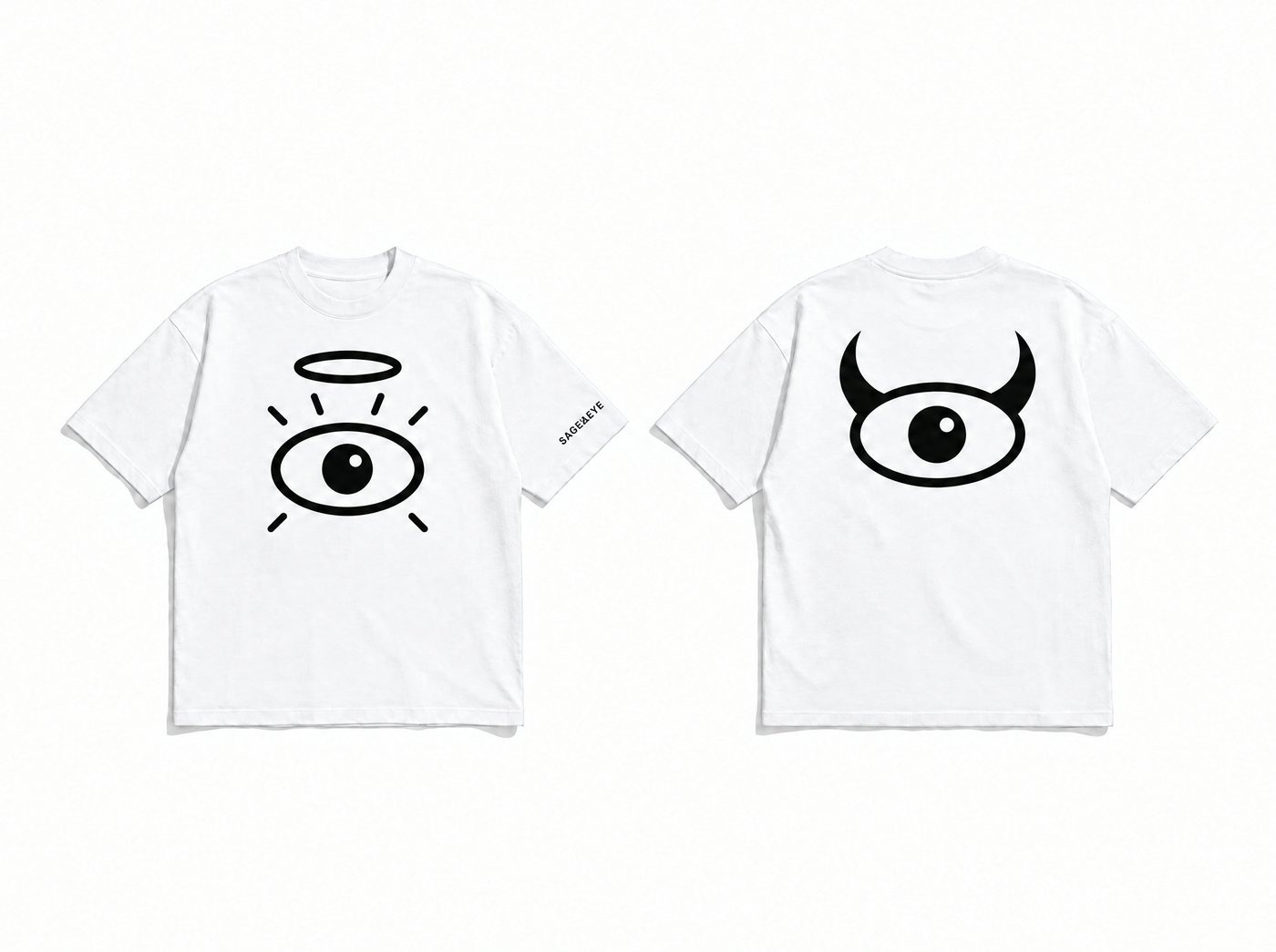 White tee, halo eye on the front, horned eye on the back